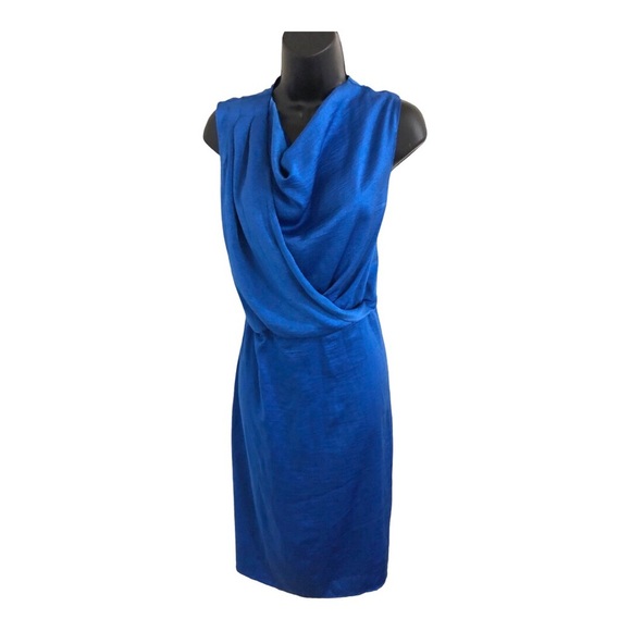 BCBG Olympic blue satin effect cowl front faux wrap sleeveless dress size medium - Picture 3 of 8
